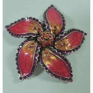 Chico's Red Pink Purple Enamel  Rhinestone Pewter Tone Flower Brooch Pin